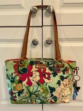 Sakroots Floral Canvas Tote in Mint Green with Brown Straps